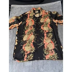 Vintage Hilo Hattie Hawaiian Original Shirt Men Large Black Pineapple Floral Lei